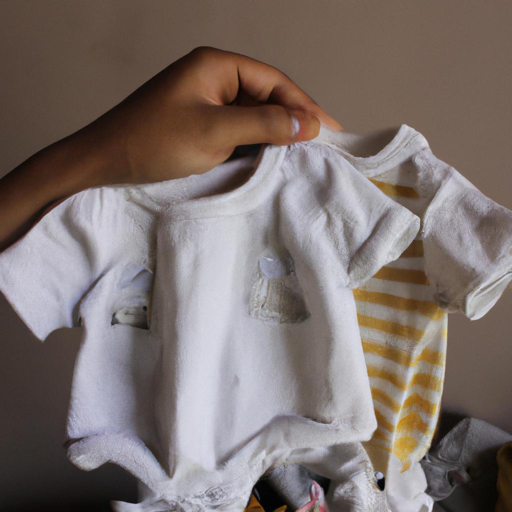 Person holding baby clothes items