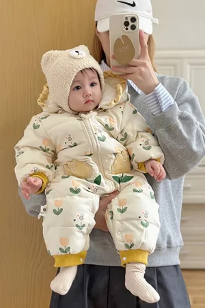 2025 Baby Girls New Year Outfit Festive Winter Romper with Ruffle Hood Floral Print Thick Cotton Jumpsuit for Newborns