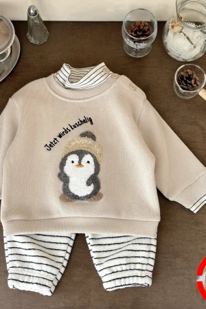Newborn Baby Girls Boys Clothing Set High Neck Penguin Embroidery Sweatshirt +striped Pants 2PCS Outfits Toddler