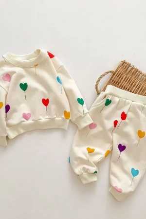 Spring Autumn Baby Clothes Set Heart Print Infant Girls Sweatshirt + Pants Suit Toddler Tracksuit Boys Casual Clothes Sets
