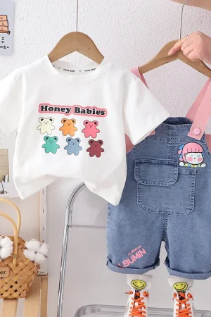 Kids Summer Sets 2024 New Baby Girl Clothes 9 To 12 Months Lovely Cartoon Short Sleeve T-shirts and Overalls Children's Clothing