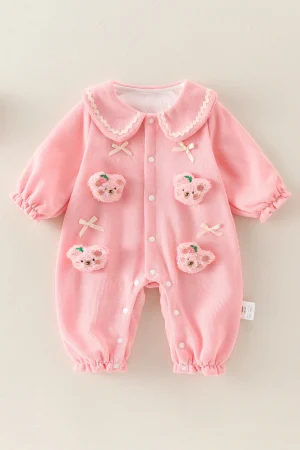 Spring Pink Cotton-Lined Romper for Baby Girls with Collar Crawling Suit Infant Clothing Comfortable Soft Fabric Outfit