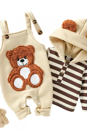 Baby Boy's Clothing Sets Fashionable Long Sleeve Striped Hooded Sweatshirt Embroidered Bear Overalls 2Pcs Outfits Cute Clothes